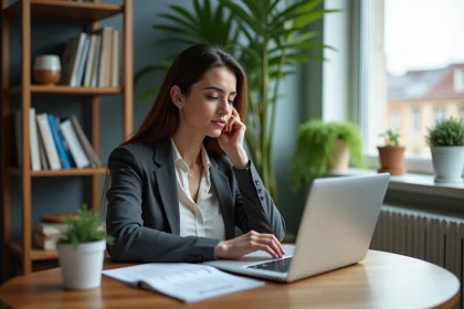 Femme francophone en tenue professionnelle examine son CV sur un ordinateur