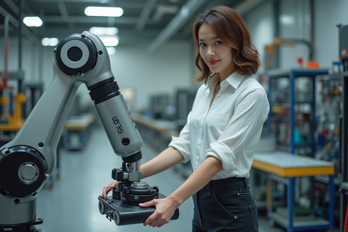 Jeune femme manipulant un bras robotique dans une usine avancée