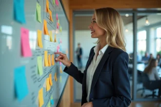 Femme d'affaires confiante devant tableau de stratégie