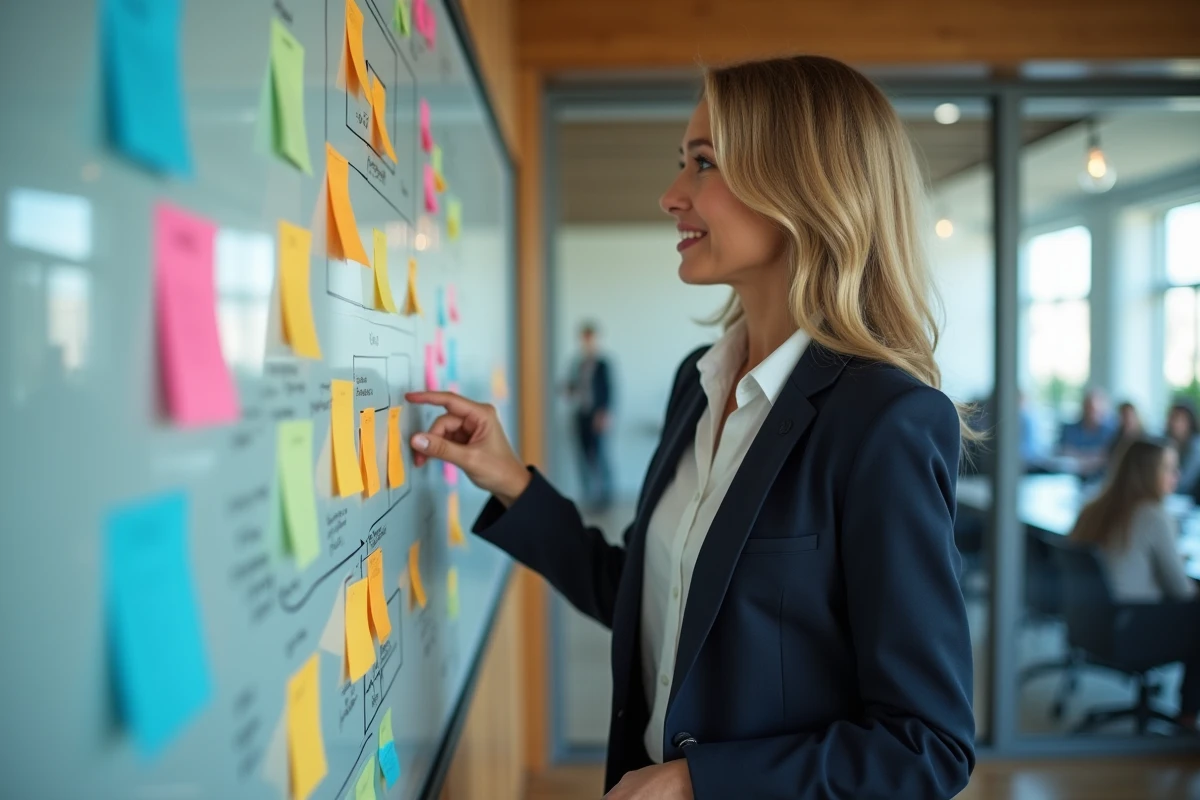 Femme d'affaires confiante devant tableau de stratégie