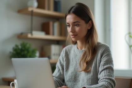 Femme utilisant un service de streaming musical sur son ordinateur portable dans un bureau à domicile moderne