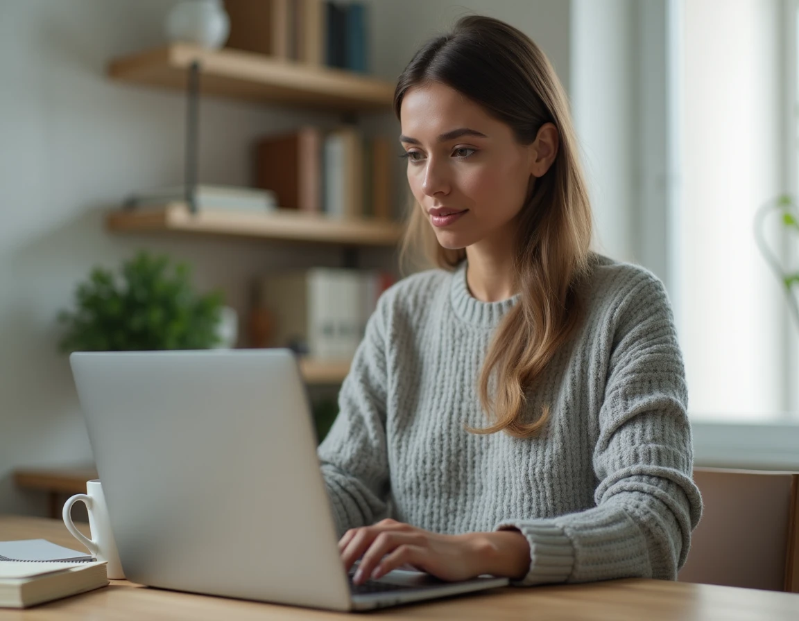 Femme utilisant un service de streaming musical sur son ordinateur portable dans un bureau à domicile moderne