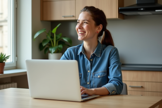 Jeune femme souriante travaillant sur un ordinateur dans une cuisine parisienne