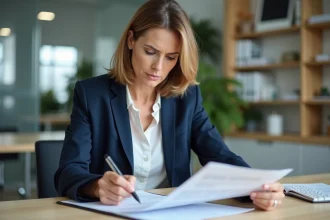 Femme d'affaires vérifiant des documents administratifs liés au répertoire Sirene pour corriger des erreurs d'enregistrement