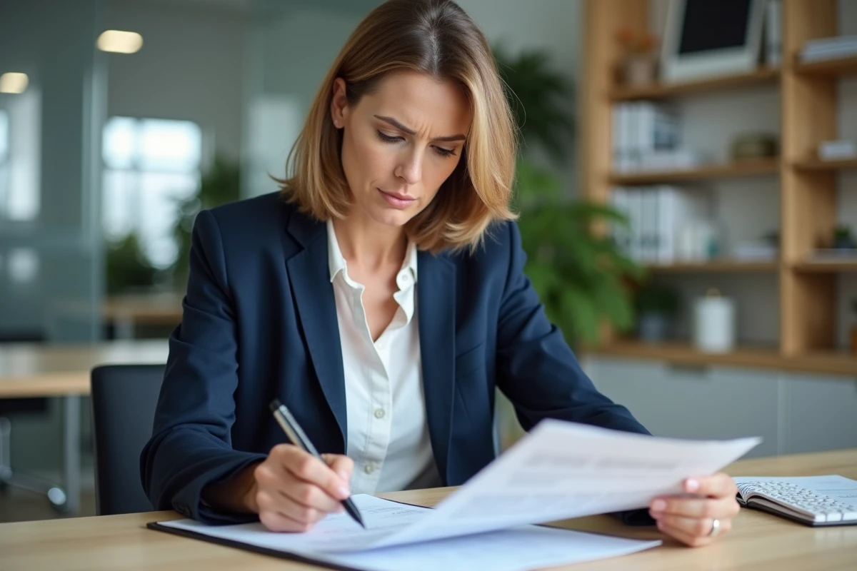 Femme d'affaires vérifiant des documents administratifs liés au répertoire Sirene pour corriger des erreurs d'enregistrement
