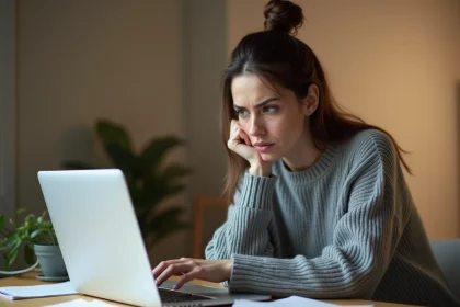 Femme vérifiant la fiabilité d'un site e-commerce sur son ordinateur portable avant d'acheter