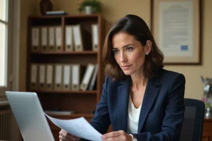 Fonctionnaire française en blazer marine révisant des documents administratifs dans un bureau officiel