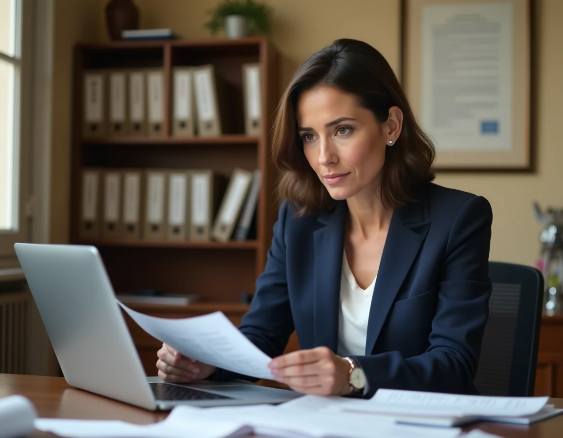 Fonctionnaire française en blazer marine révisant des documents administratifs dans un bureau officiel