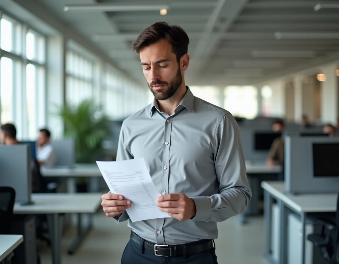 Fonctionnaire masculin consultant une fiche de paie dans un bureau administratif moderne en France