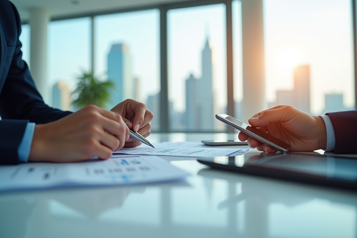 Gestionnaire examinant documents financiers dans un bureau lumineux