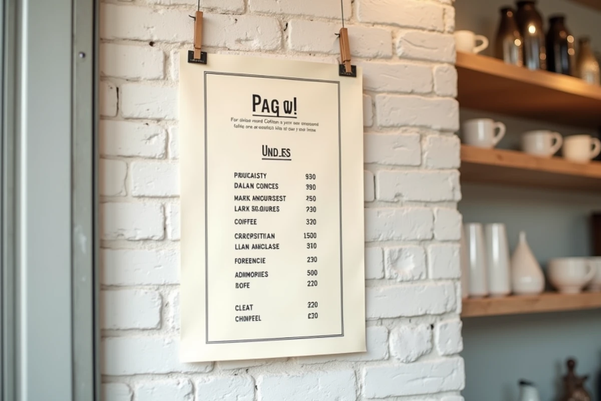 Gros plan sur une affiche tarif imprimée fixée au mur d'un café artisanal avec typographie lisible et prix clairs