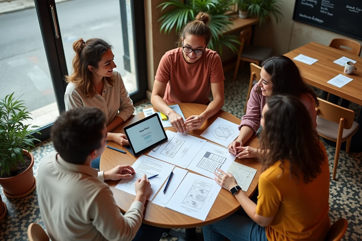 Groupe de jeunes entrepreneurs discutant d'un plan d'affaires autour d'une table dans un café, guide entrepreneur affiché sur tablette