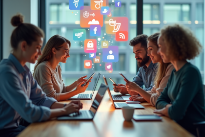 Groupe de jeunes professionnels collaborant en bureau moderne