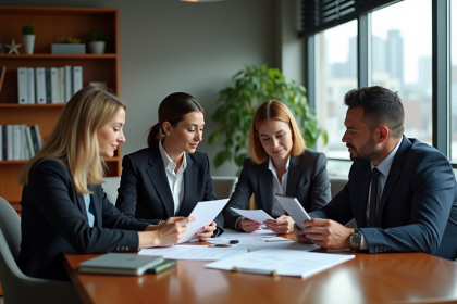 Groupe de professionnels en r&eacute;union dans un bureau moderne