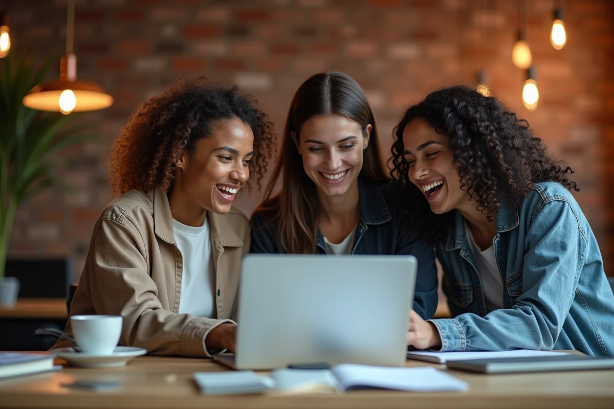 Groupe de jeunes professionnels collaborant autour d'une plateforme de développement de carrière dans un espace de coworking