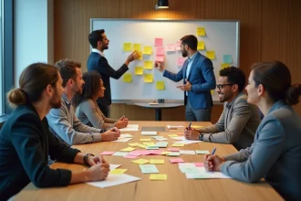 Groupe divers en réunion collaborative avec post-its