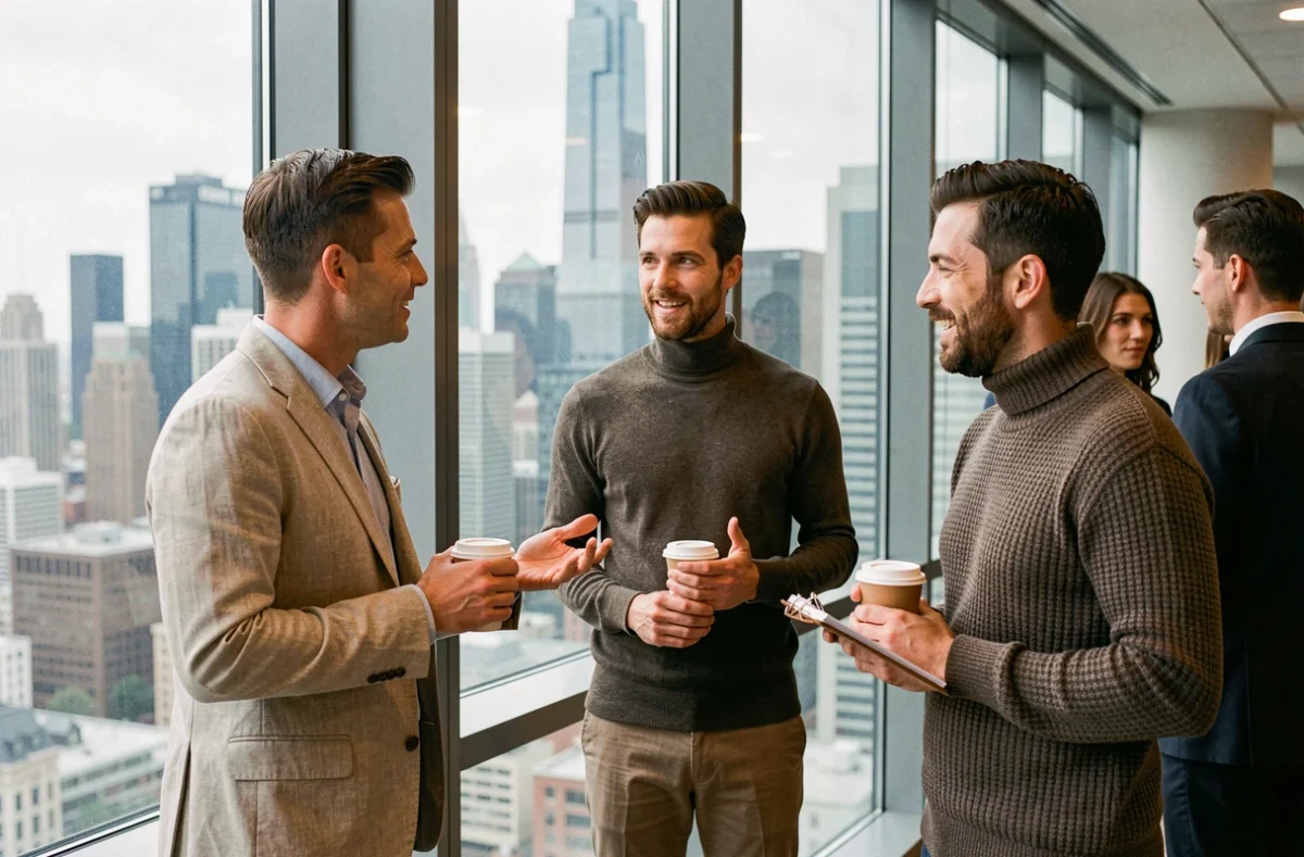 Groupe de professionnels talentueux en discussion informelle devant une grande baie vitrée urbaine, évoquant la culture du bouche-à-oreille et des réseaux de recrutement alternatifs