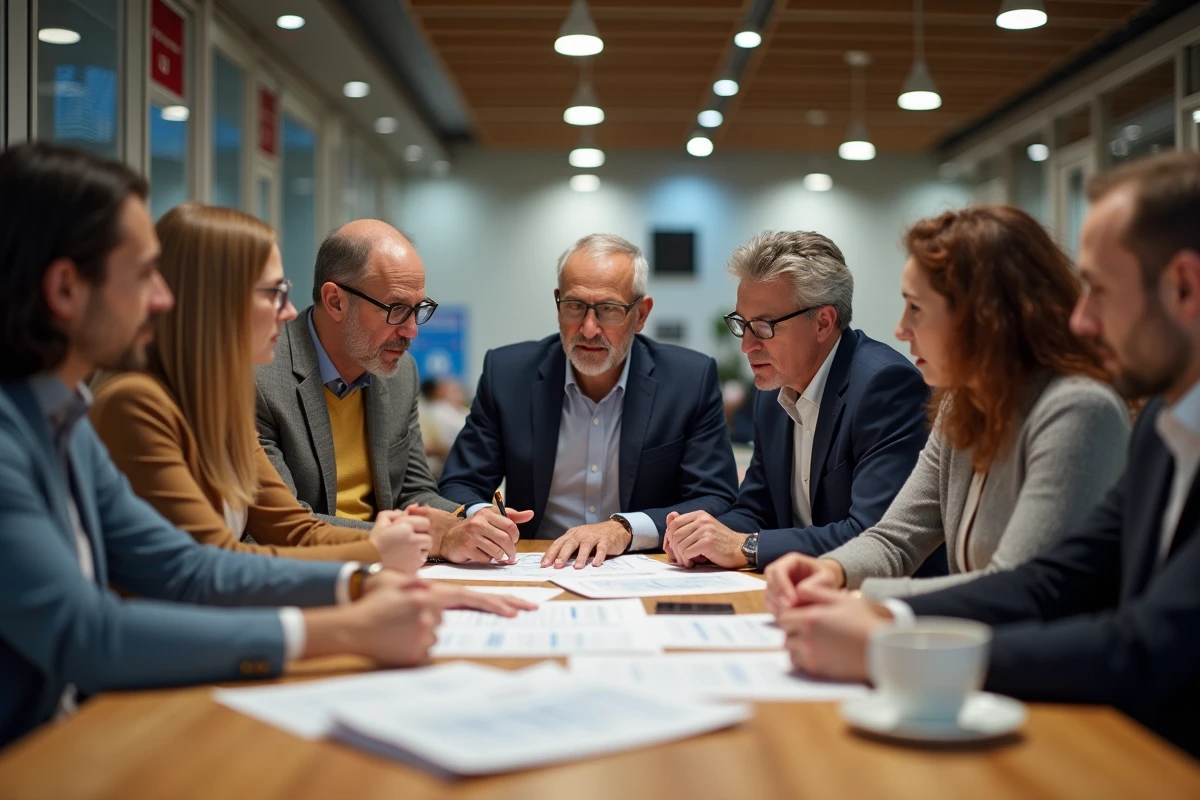 Groupe d employés discutant de documents dans la cafet