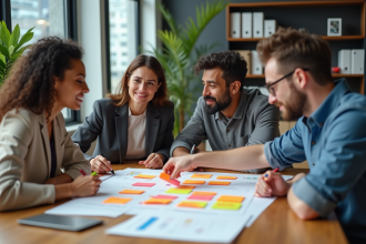 Groupe de quatre adultes en réunion collaborative dans un bureau moderne