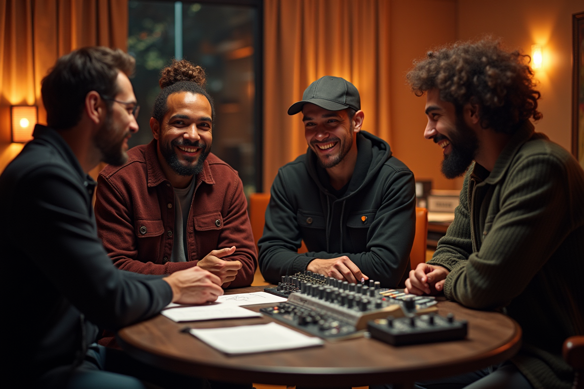 Groupe de musiciens et producteur dans un studio d