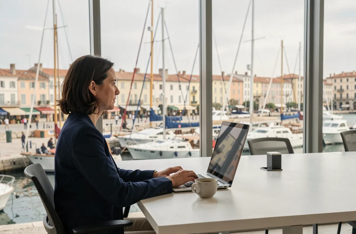 Espace Hiptown Marseille Vieux-Port avec vue sur le vieux port, bureau épuré et professionnelle en réflexion