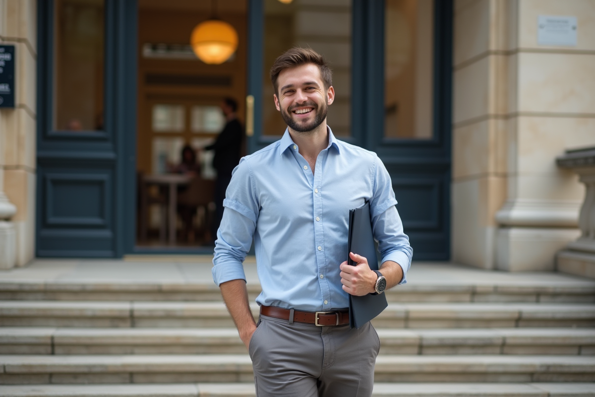 Homme souriant devant bâtiment administratif français