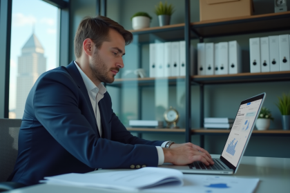 Homme d'affaires en costume regardant un tableau de bord digital