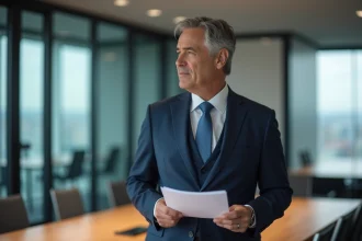 Homme d'affaires en costume navy dans une salle moderne