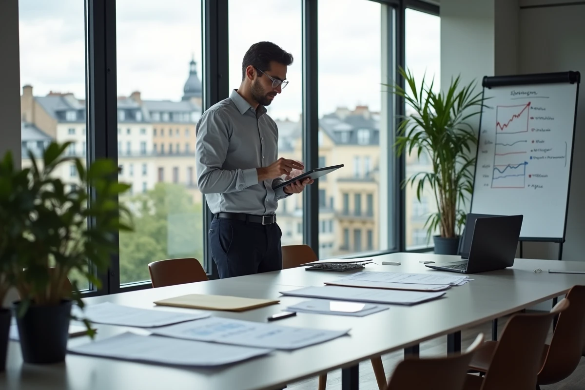 Homme d'affaires consultant un site d'informations professionnelles sur tablette dans une salle de r&eacute;union moderne avec vue sur Paris