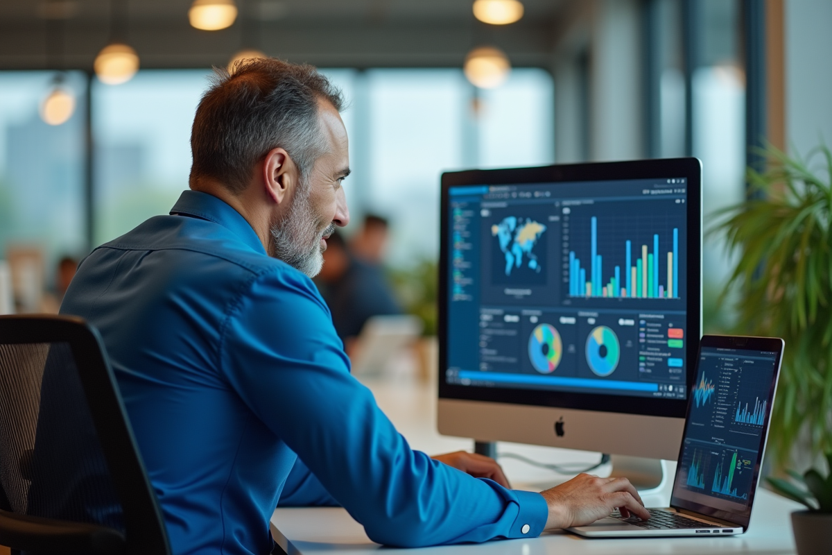 Homme de bureau en chemise bleue analysant des graphiques AI