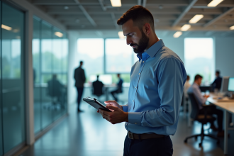 Homme d'affaires regardant des graphiques sur une tablette en bureau moderne