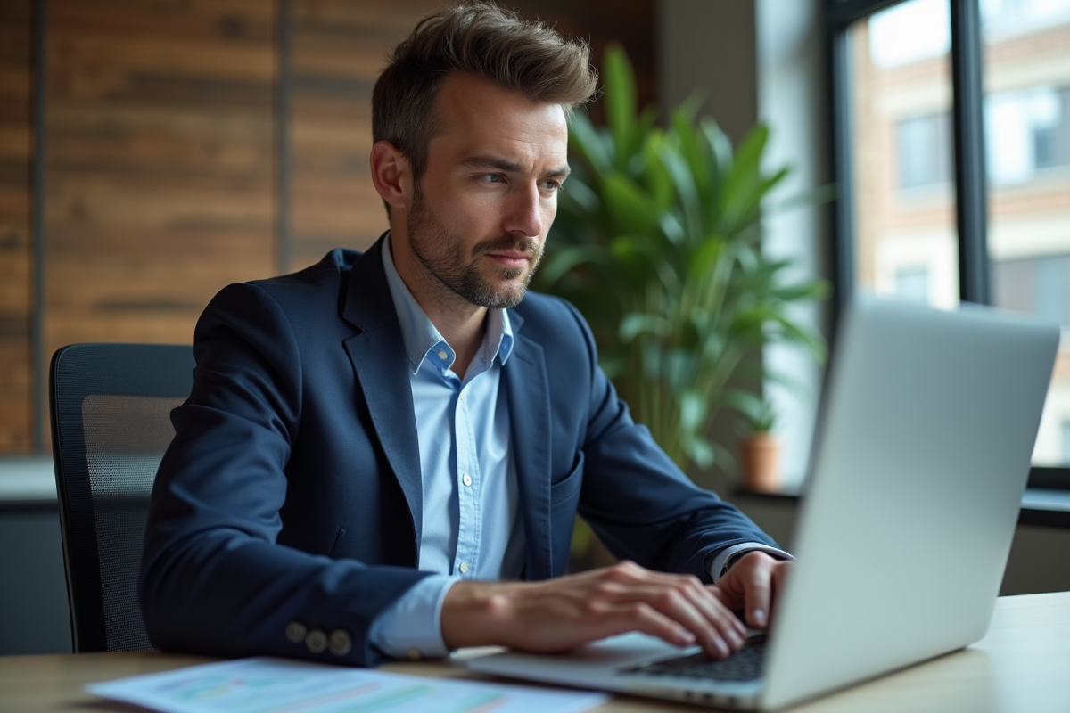 Homme en blazer navy travaillant sur un pitch deck