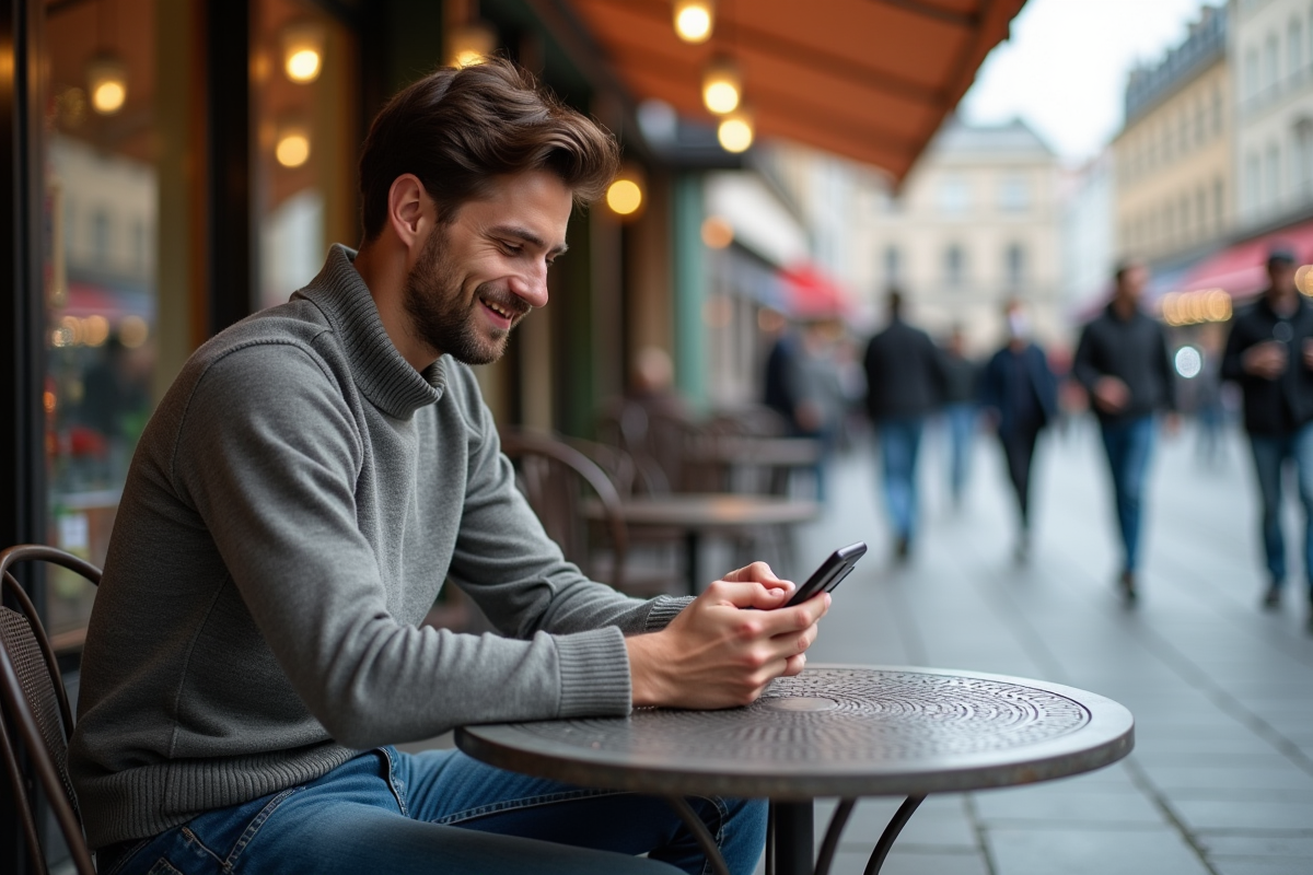 Homme vérifiant ses analytics Facebook sur smartphone au café