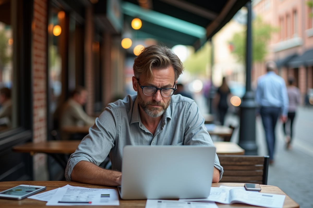 Homme en terrasse de café étudiant des maquettes publicitaires