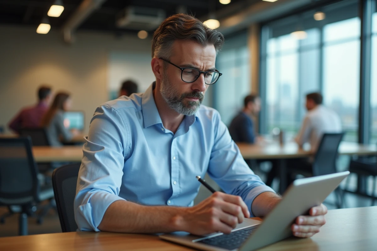 Homme travaillant sur une tablette dans un espace coworking
