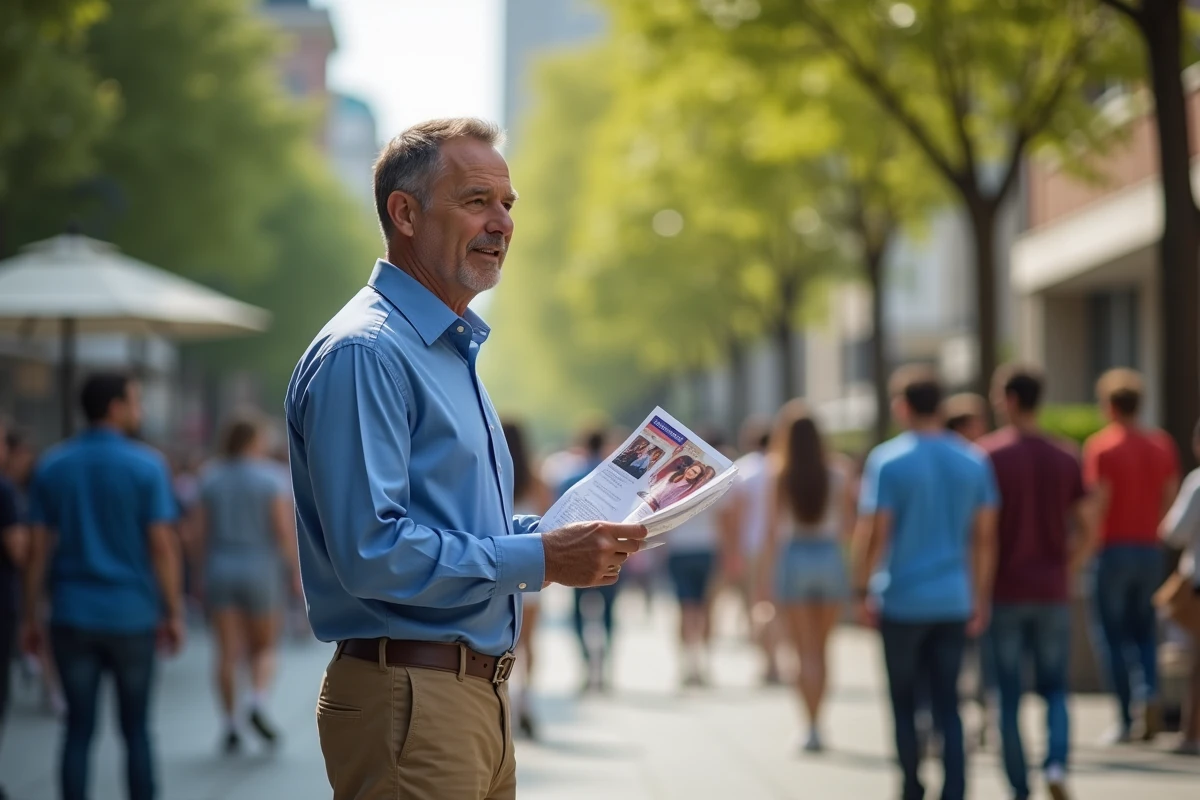 Homme distribuant flyers dans une place urbaine animée