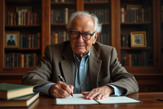 Homme âgé signant un manuscrit dans son bureau