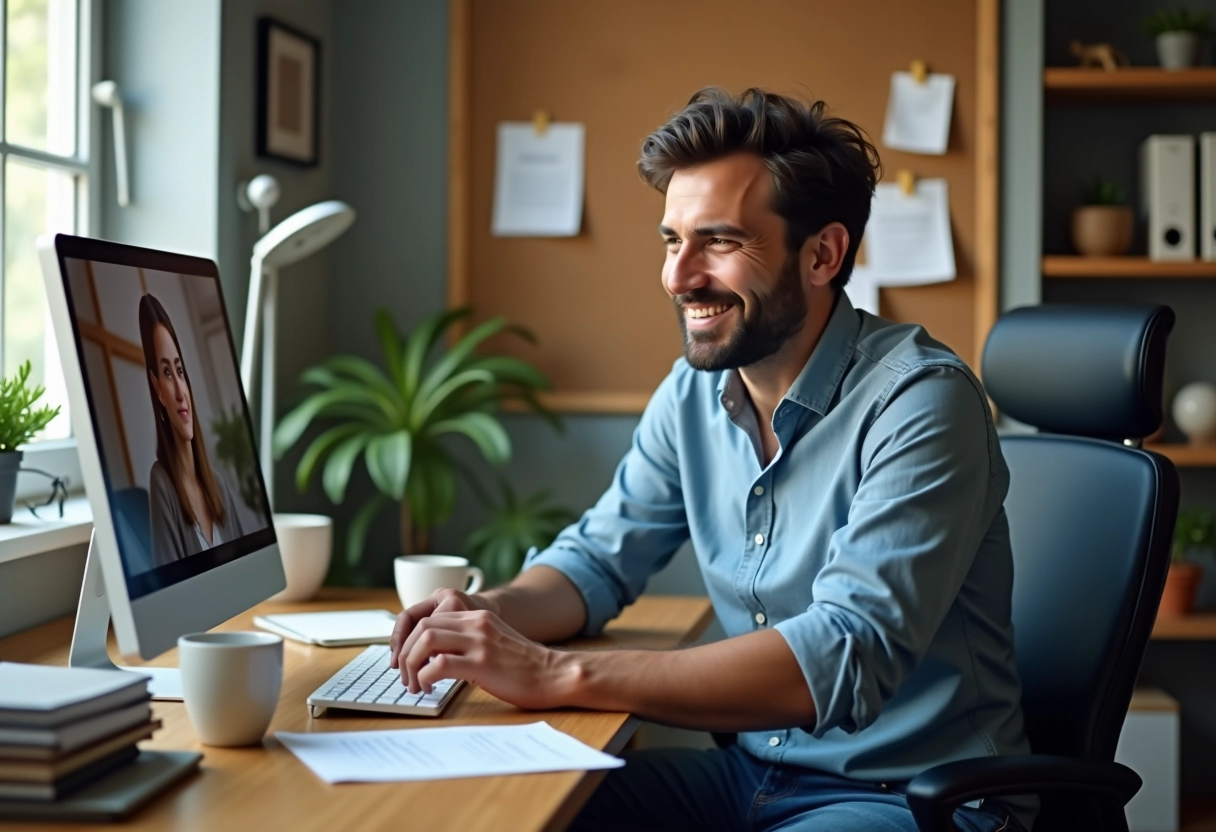 Homme francophone participe à une interview vidéo à domicile