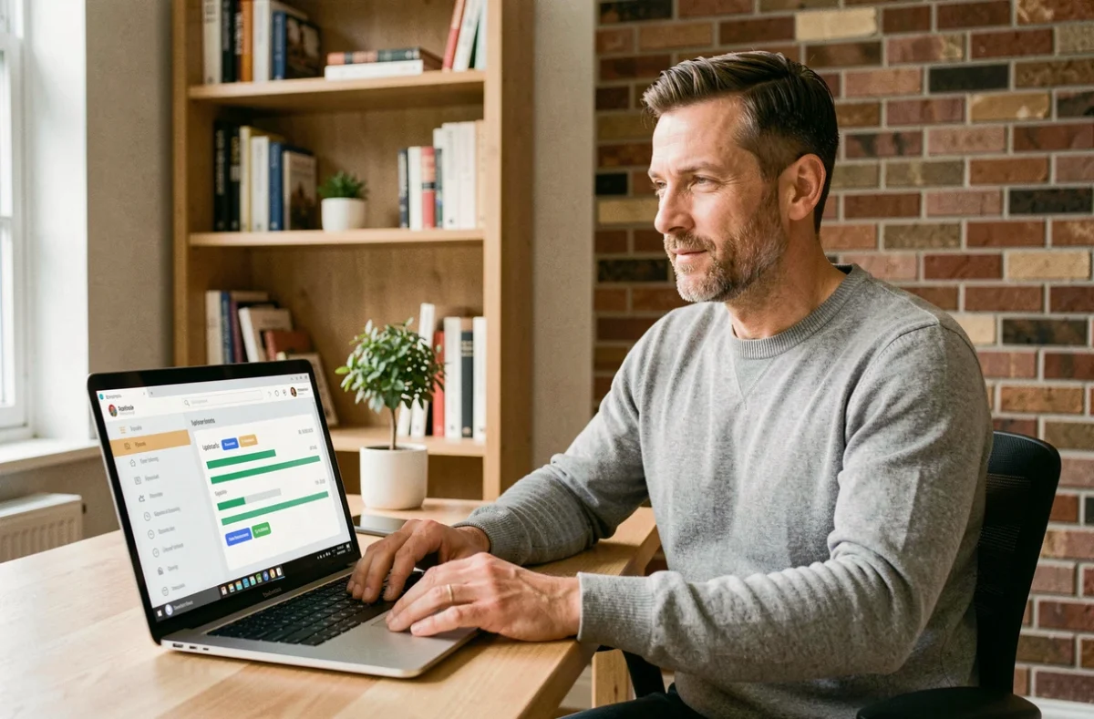 Homme utilisant un tableau de bord de gestion documentaire Arkevia depuis son bureau à domicile avec un ordinateur portable