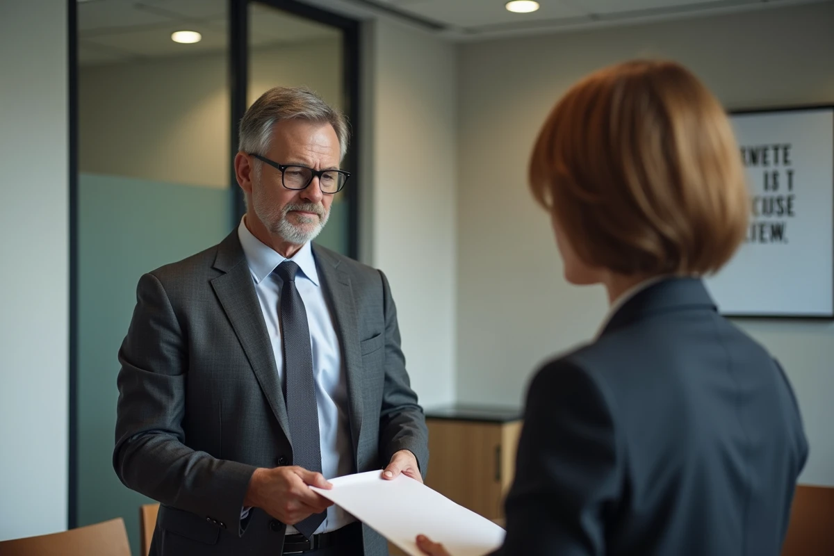 Homme en costume remettant un document &agrave; un employ&eacute;