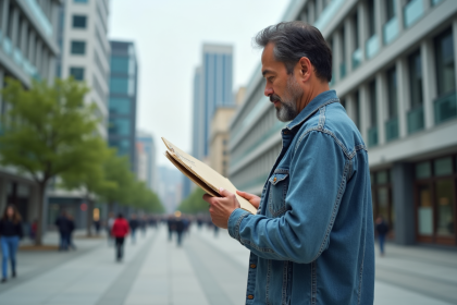 Homme d'âge moyen lisant un panneau en ville
