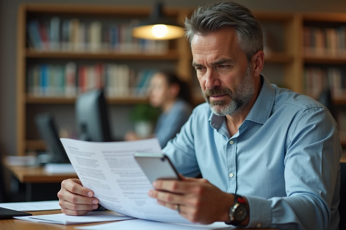 Homme lisant un FAQ imprimé dans une bibliothèque