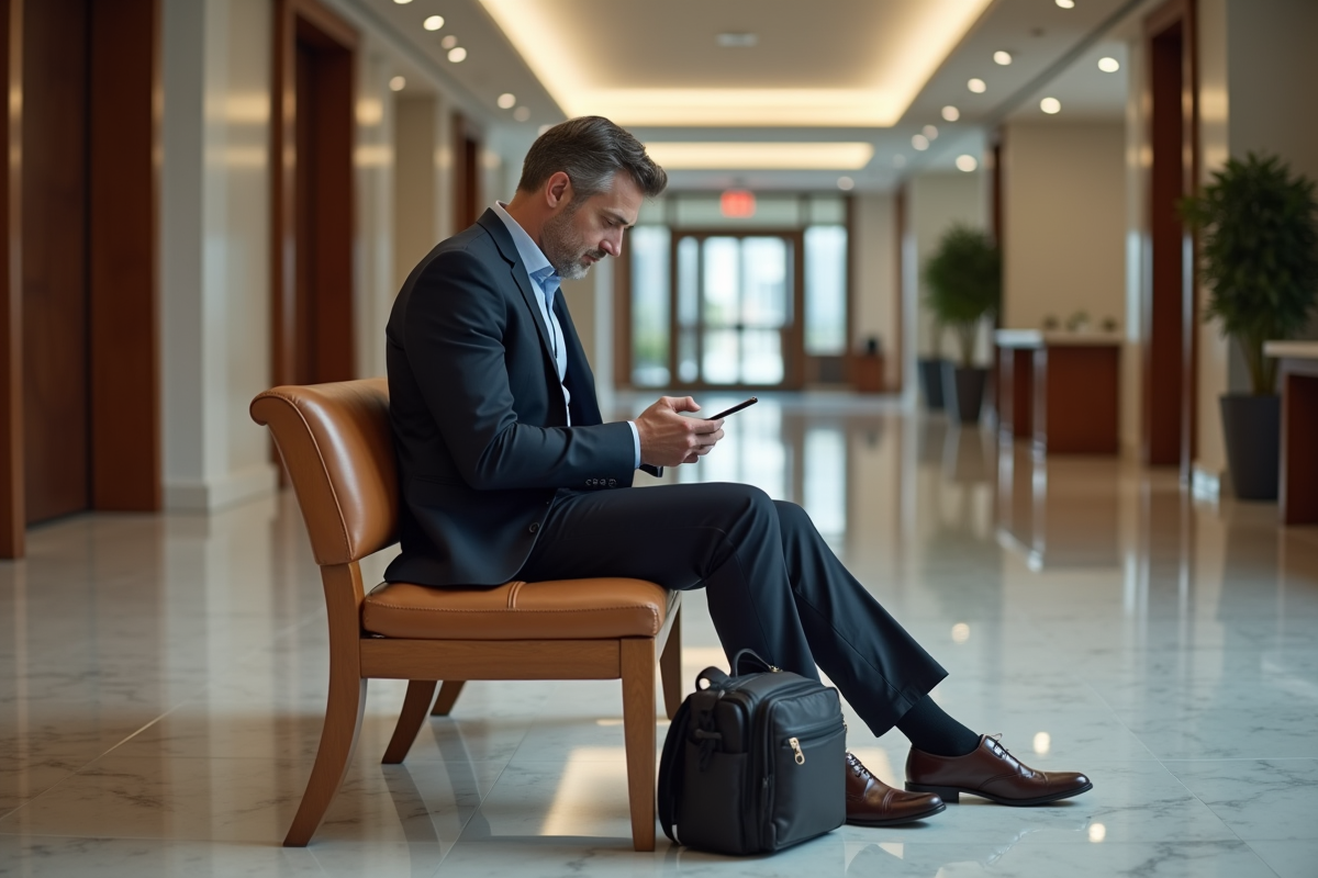 Homme d age assis dans le hall d un bâtiment professionnel