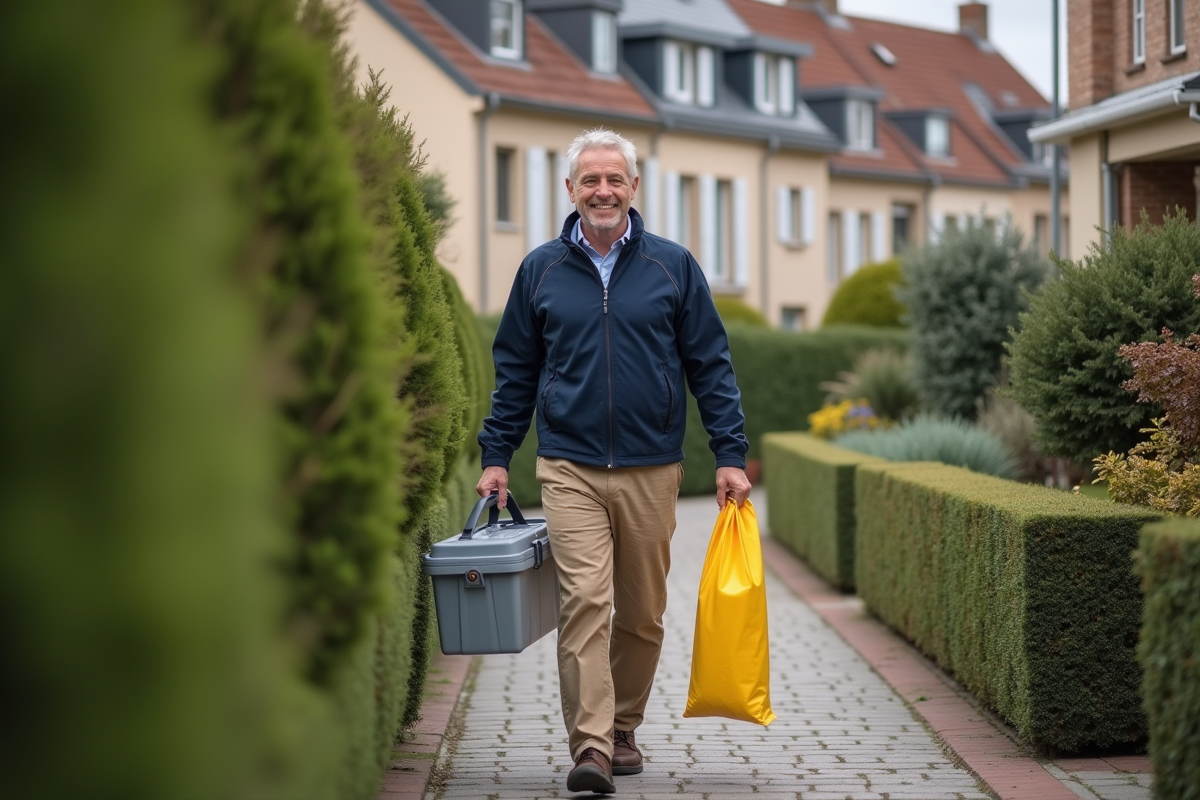 Homme avec boîte à outils dans une rue résidentielle en France