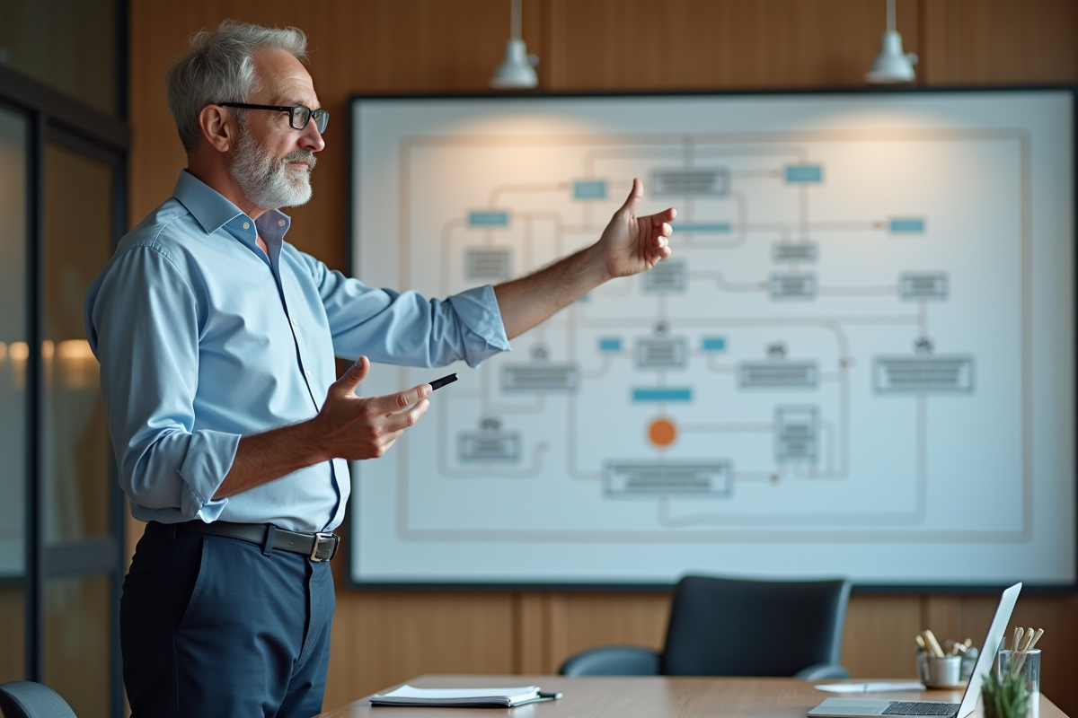 Homme en réunion expliquant un diagramme