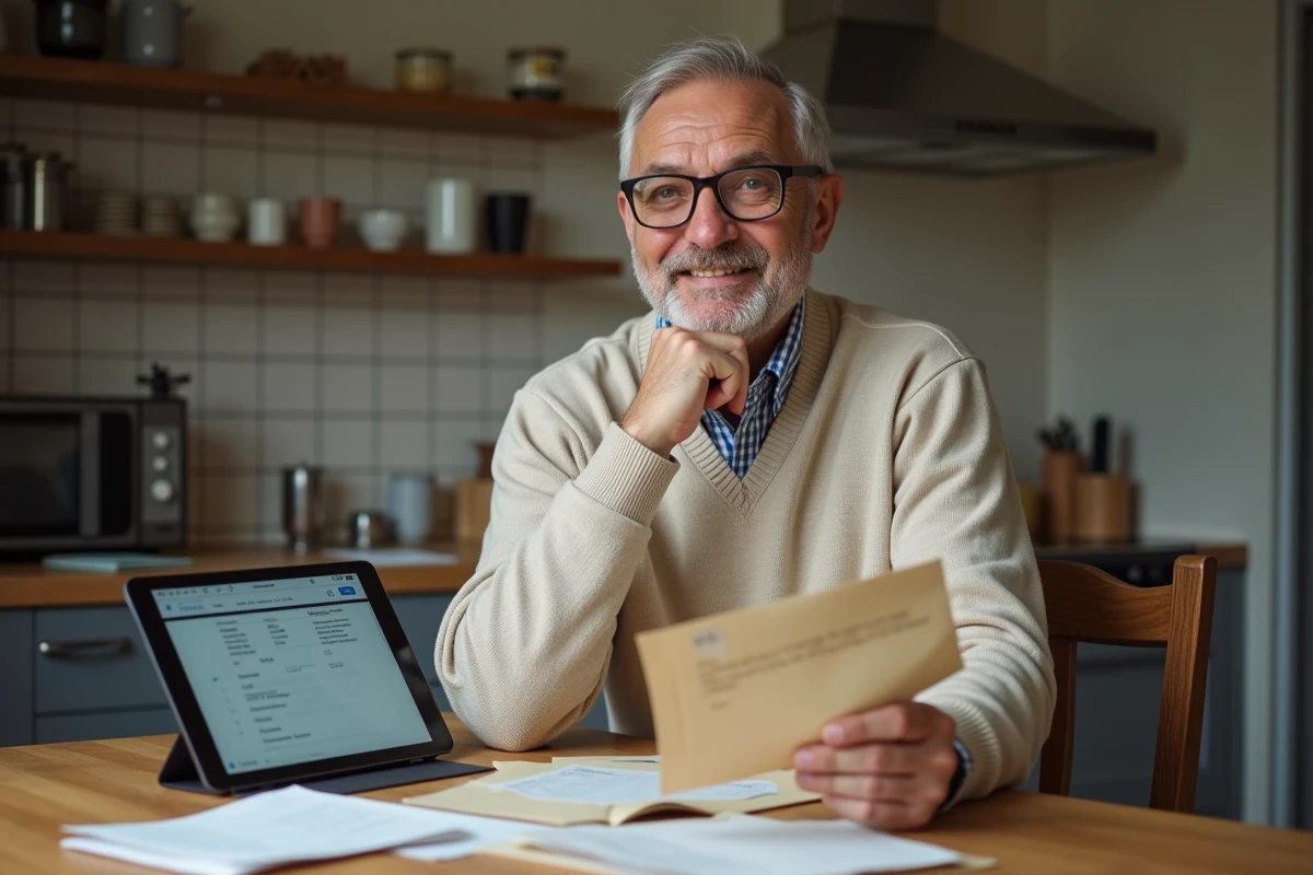 Homme v&eacute;rifiant un document avec une tablette dans la cuisine