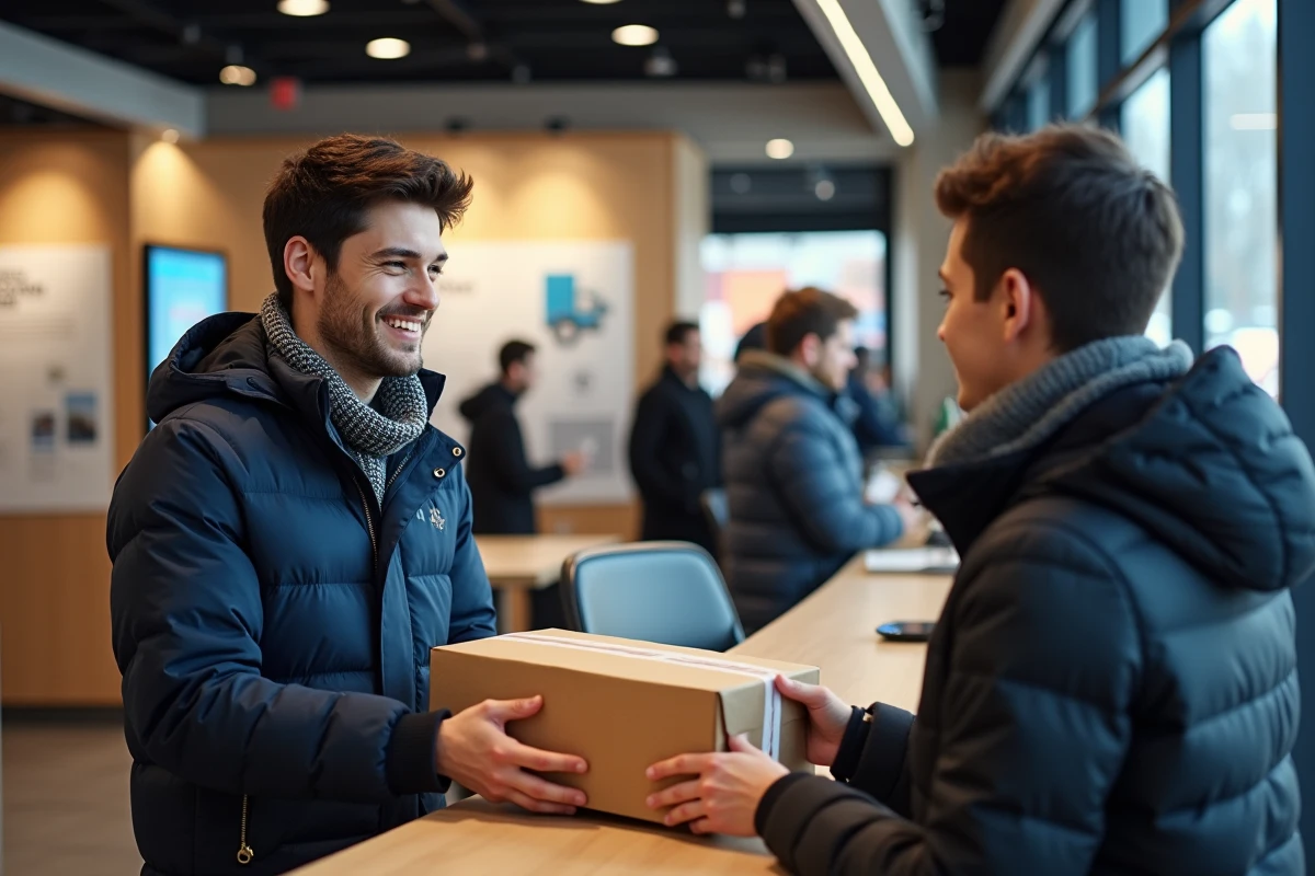 Homme donnant un colis à un agent au comptoir