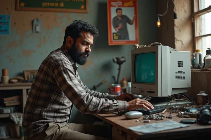 Homme indien répare un ordinateur ancien dans un atelier