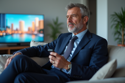 Homme d'&acirc;ge moyen en costume regardant la TV dans un salon moderne