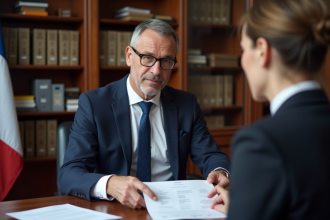 Homme d'âge moyen en costume navy lors d'une démarche administrative